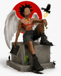 Illustration of a winged figure with a red circle around their neck, sitting on a pedestal with a crow and red circle in the background.