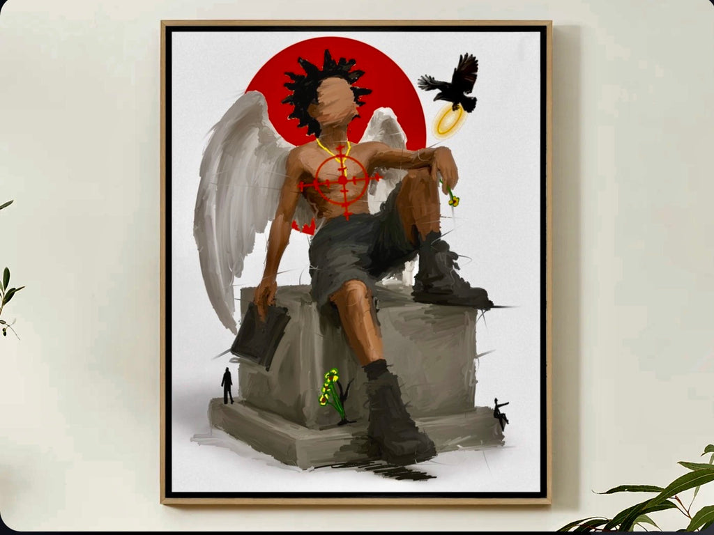 Framed artwork of a person with wings and a crow on a white wall.