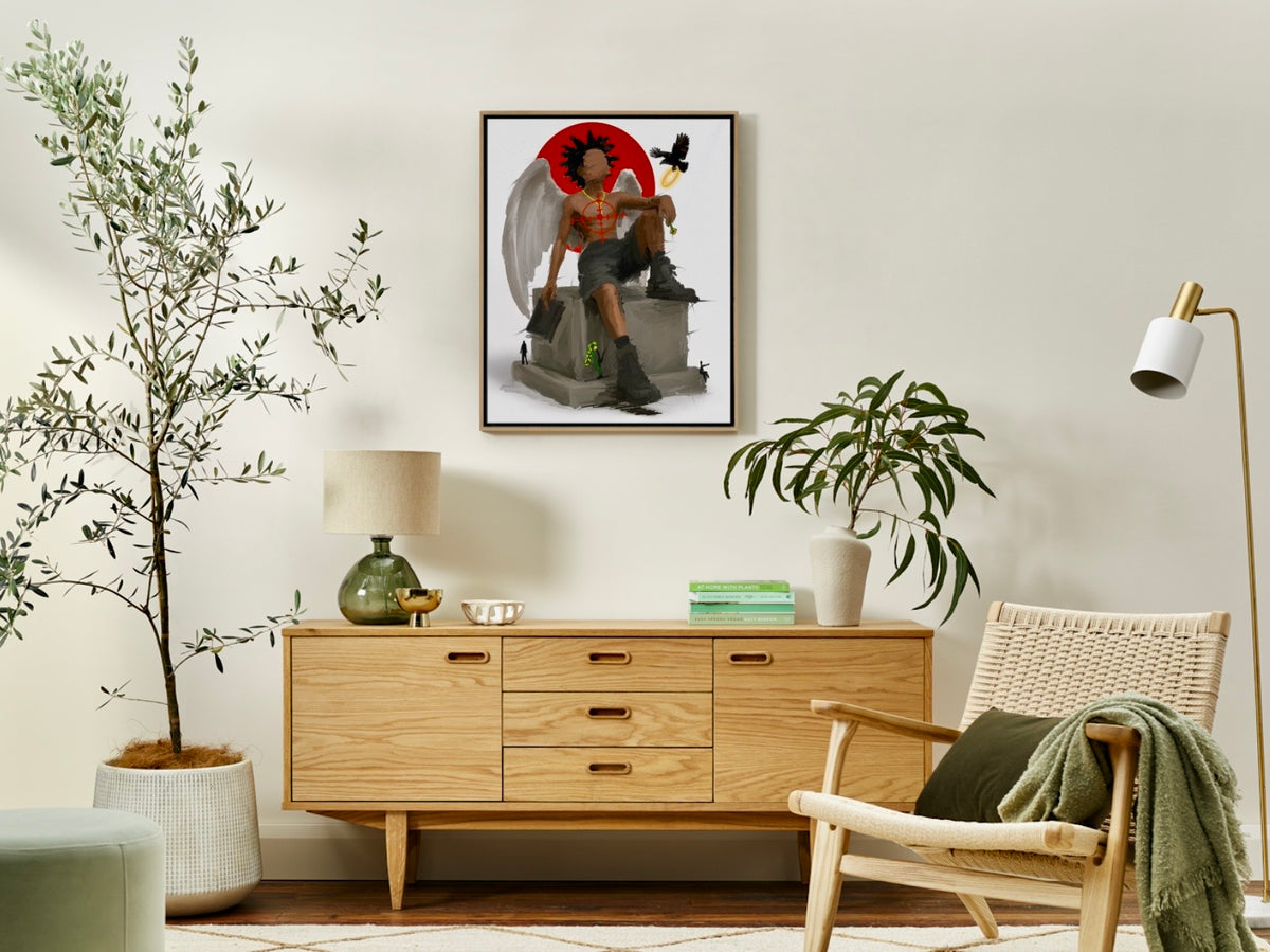 Modern living room with wooden sideboard, wicker chair, and decorative wall art.